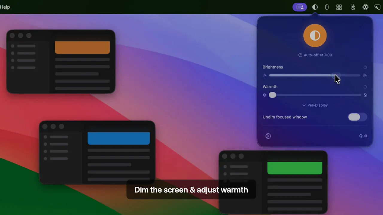 PrinceShade dimming a Mac below the minimum brightness, with its menu-bar controls open.
