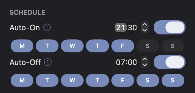 The schedule panel with auto-on and auto-off times and weekday chips.